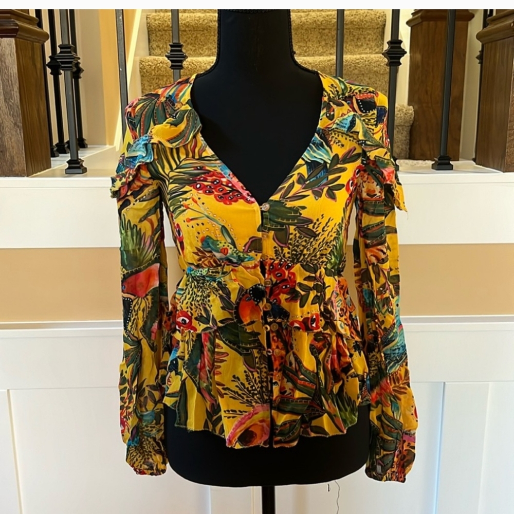 Farm Rio Floral V-Neck Ruffle Blouse XXS 0 / XS 2